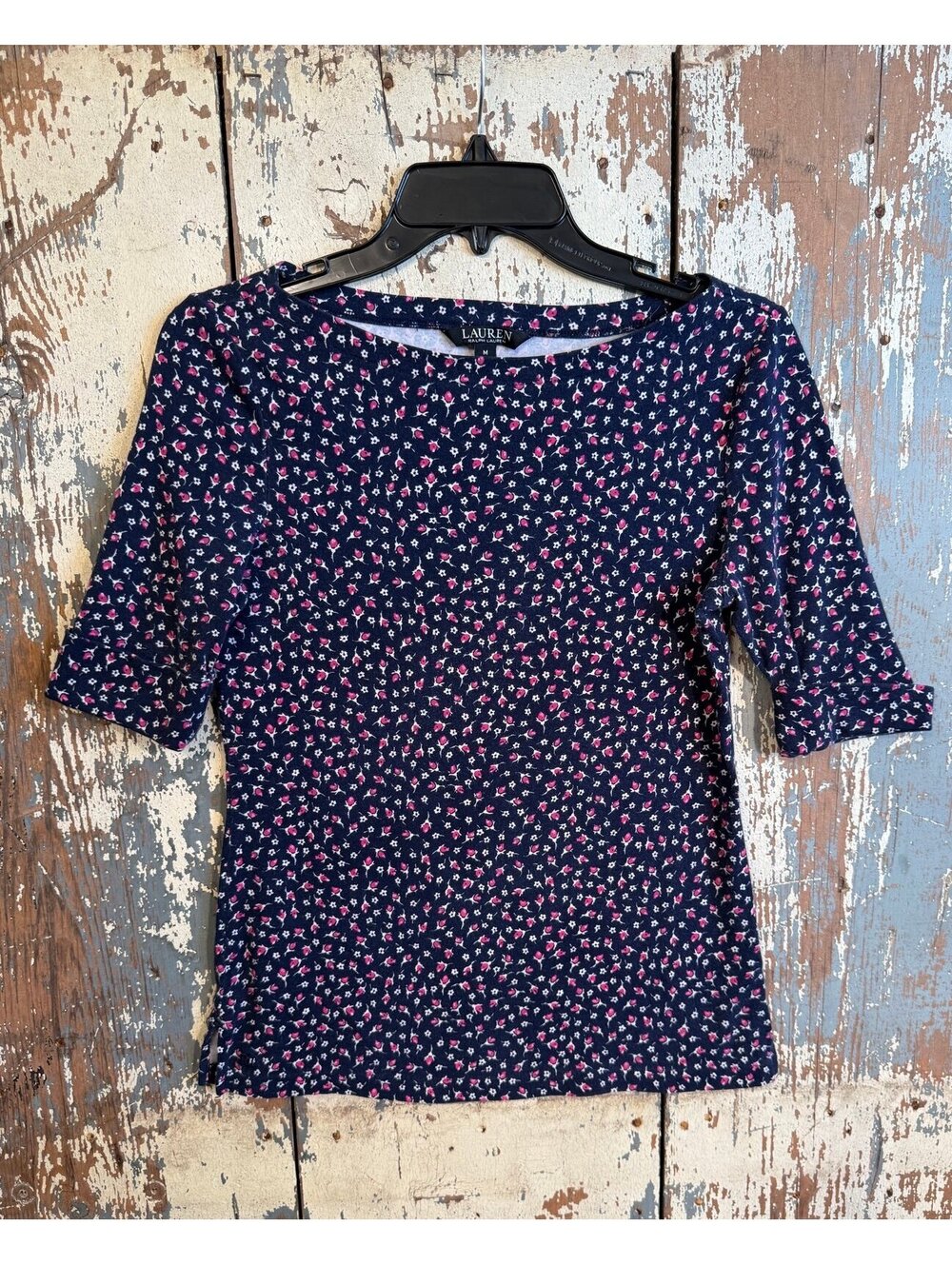 Lauren Ralph Lauren Boatneck Top Floral Short Sleeve size Medium Navy Pink